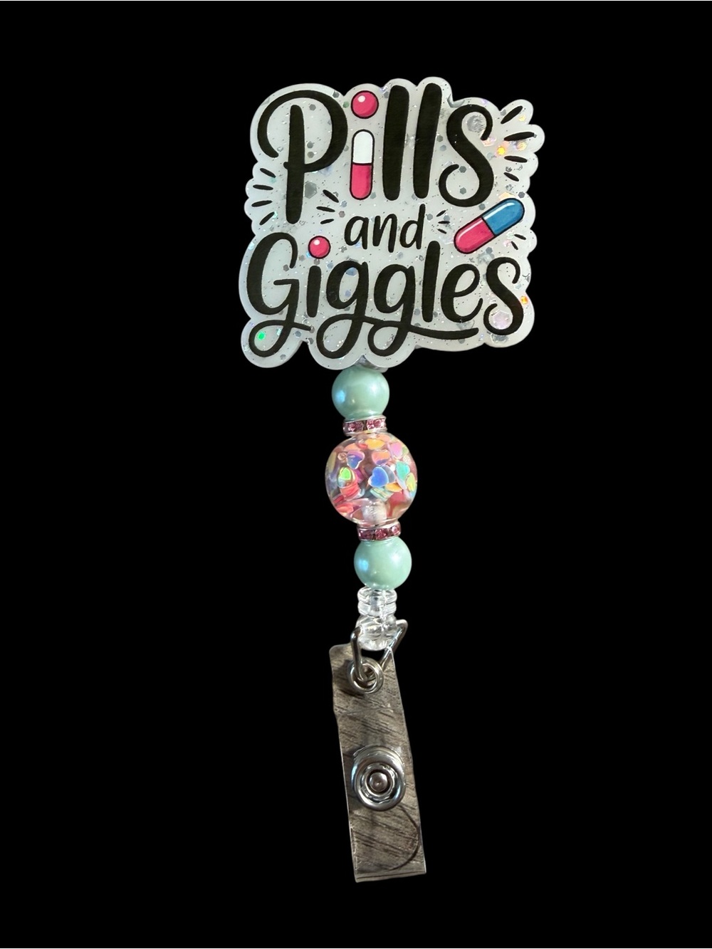 Pills and Giggles Aqua Beaded Badge Reel.